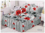 Lenjerie Pat Dublu, Bumbac Finet cu Volanase, 6 Piese - Gri Cu Flori Rosii