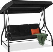Leagan de grădină, șezlong tip pat, 3 locuri, copertina reglabila, cadru otel, 194x120x173 cm, Negru