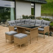 Set gradina RANDI, stejar/gri deschis/negru, ratan sintetic/sticla tem
