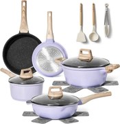 Set de oale si tigai Just Perfecto JL-34, 13 piese, Aluminiu, Acoperire din marmura, Capace din sticla cu orificiu pentru abur, Fara PTFE si PFOA, Inductie, Violet/bej