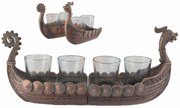 Set 4 pahare de shot/tuica din sticla cu suport Corabia Vikinga 31 cm finisaj bronz