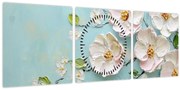 Tablou - Flori pe fundal albastru (cu ceas) (90x30 cm)