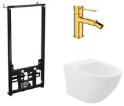 Pachet rama instalare Alca, bideu suspendat Rea Carlo alb si baterie bideu Invena Glamour auriu