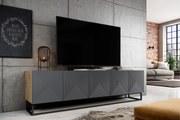 Comodă TV Asha 200 cm cu partea frontală canelat și cadru metalic negru – stejar artisan / rivier stone mat