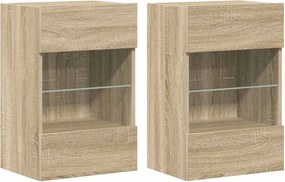 vidaXL Comode de perete cu lumini LED pentru TV, 2 buc. stejar sonoma, 40x30x60,5 cm