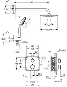 Sistem dus incastrat cu termostat Grohe Grohtherm Cosmopolitan 210, baterie patrata