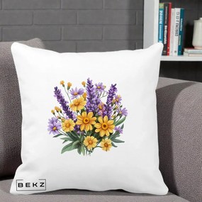 Perna Decorativa Lavanda cu Margarete Galbene si Lila, 40x40 cm, Alba Mata, Husa Detasabila, Perna Inclusa, BEKZ®