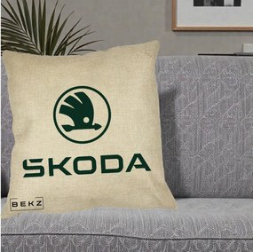 Perna Personalizata cu emblema Skoda, 40x40 cm, Crem, Husa Detasabila, Perna Inclusa, BEKZ®