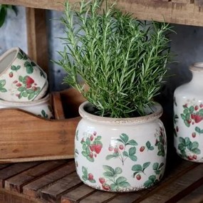 Ghiveci din ceramică crem cu model căpșuni „Fraises”, H13/D15.5 cm