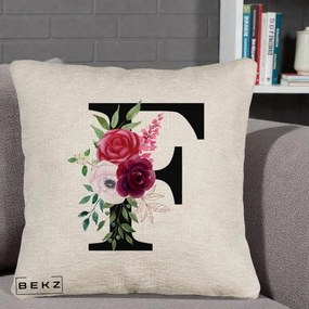 Cadou Personalizat - Perna Personalizata Monograma Florala Litera F, 40x40 cm, Bej Canapea, Husa Detasabila, Perna Inclusa, BEKZ®