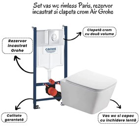 Set vas wc rimless cu capac soft close Fluminia Paris, rezervor incastrat si clapeta crom Skate Air Grohe