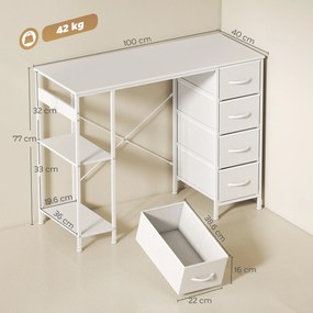 HOMCOM Birou cu 4 sertare textile, structură metalică, raft deschis, alb | Aosom Romania