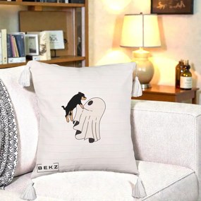 Perna Decorativa Caine Rottweiler Fantoma Halloween, 40x40 cm, Bej cu Franjuri, Husa Detasabila, Perna Inclusa, BEKZ®