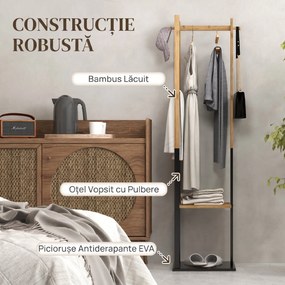HOMCOM Cuier de Podea Autoportant cu Bară Centrală, 4 Bare Laterale, 2 Cârlige și 2 Rafturi, 46x28,5x153,5 cm, Negru | Aosom Romania