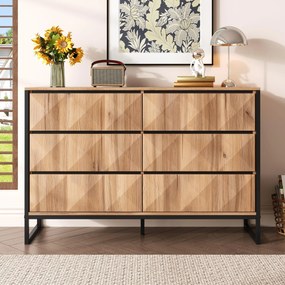 Bufet cu 6 sertare, cadru metalic negru și fronturi de sertare geometrice, 120x40x80 cm, Culoare naturală