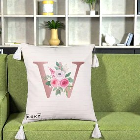 Cadou Personalizat - Perna Personalizata Monograma Rose Gold Litera W cu Trandafiri si Anemona, 40x40 cm, Bej cu Franjuri, Husa Detasabila, Perna Inclusa, BEKZ®