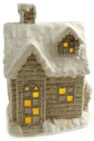 Decoratiune iarna, ceramica, casa cu ferestre luminate, alb si bej, LED, 3xAAA, 25x18x36 cm