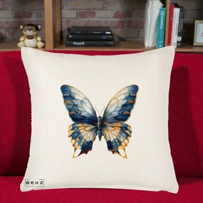 Perna Decorativa Fluture Albastru Auriu Elegant, 40x40 cm, Crem Reliefat, Husa Detasabila, Perna Inclusa, BEKZ®