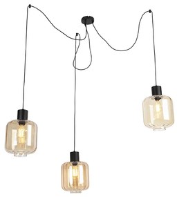 Lampă pendant de design neagră cu sticlă chihlimbar 3 lumini 226 cm - Qara