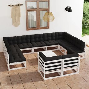 3077270 vidaXL Set mobilier grădină cu perne, 12 piese, alb, lemn masiv de pin