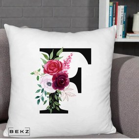 Cadou Personalizat - Perna Personalizata Monograma Florala Litera F, 40x40 cm, Alb Pufos, Husa Detasabila, Perna Inclusa, BEKZ®