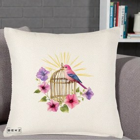 Perna Decorativa Pasare Roz pe Colivie Aurie cu Flori, 40x40 cm, Crem Reliefat, Husa Detasabila, Perna Inclusa, BEKZ®
