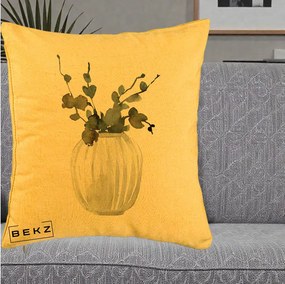 Perna Decorativa Vaza cu Eucalipt Watercolor, 40x40 cm, Galben, Husa Detasabila, Perna Inclusa, BEKZ®