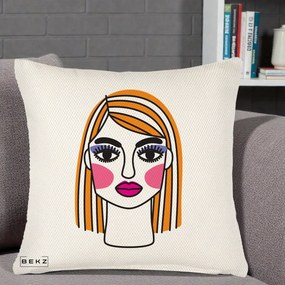 Perna Decorativa Portret Pop Art Fata, 40x40 cm, Crem Reliefat, Husa Detasabila, Perna Inclusa, BEKZ®