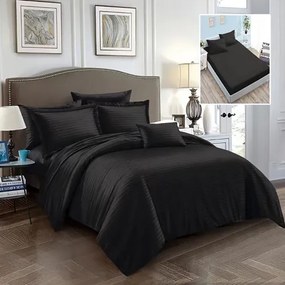 Lenjerie de pat Damasc Policoton cu 6 piese, cearceaf cu elastic 180x200cm, pentru pat dublu, neagra, IMP59