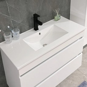 Mască de baie Cube 100 cu chiuvetă ceramică, 2 sertare, vopsită în alb lucios