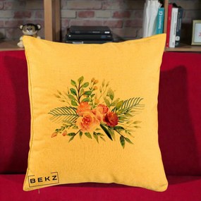 Perna Decorativa Buchet Flori Acuarela Roz-Verde, 40x40 cm, Galben, Husa Detasabila, Perna Inclusa, BEKZ®