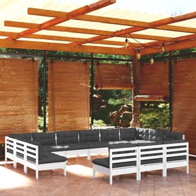 3097236 vidaXL Set mobilier de grădină cu perne, 13 piese, alb, lemn masiv pin