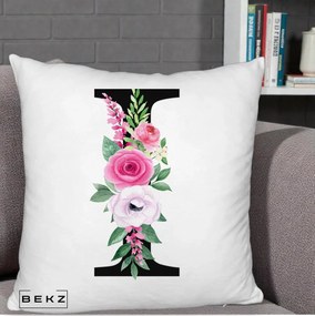 Cadou Personalizat - Perna Personalizata Monograma Florala Litera I, 40x40 cm, Alb Pufos, Husa Detasabila, Perna Inclusa, BEKZ®