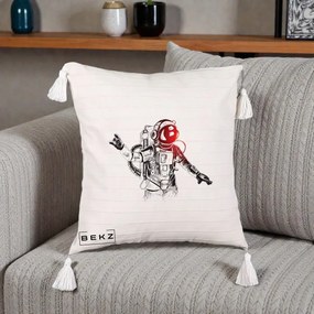Perna Decorativa Astronaut Rock Sketching, 40x40 cm, Bej cu Franjuri, Husa Detasabila, Perna Inclusa, BEKZ®