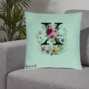 Cadou Personalizat - Perna Personalizata Monograma Florala Litera X cu Coroana, 40x40 cm, Verde Menta, Husa Detasabila, Perna Inclusa, BEKZ®