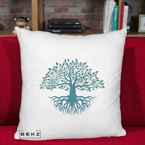 Perna Decorativa Copacul Vietii Teal cu Radacini, 40x40 cm, Alb Pufos, Husa Detasabila, Perna Inclusa, BEKZ®