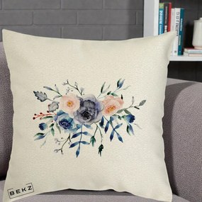 Perna Decorativa Buchet Flori Albastre Acuarela, 40x40 cm, Ecru, Husa Detasabila, Perna Inclusa, BEKZ®