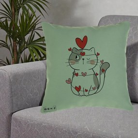 Perna Decorativa Pisica Kawaii cu Inimi, 40x40 cm, Verde, Husa Detasabila, Perna Inclusa, BEKZ®