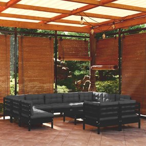 3097269 vidaXL Set mobilier grădină cu perne, 12 piese, negru, lemn masiv pin
