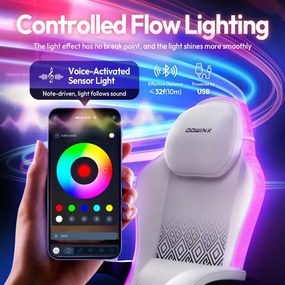 DOWINX 66LED03 - Scaun Gaming Ergonomic cu LED-uri RGB, Masaj in perna lombara, Șezut cu Arcuri Metalice și Spumă, Suport pentru picioare, Rabatabil 90°–135°, Rezistent 136 kg, Alb