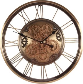 Ceas de perete din metal și sticlă, auriu, rotund, cu cifre romane din bare de metal și roți dințate mobile la vedere, 8 x 62 cm, „Bayonne”