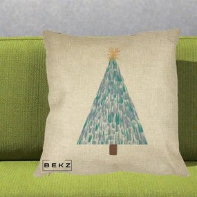 Perna Decorativa Brad de Craciun Acrilic Albastru, 40x40 cm, Crem, Husa Detasabila, Perna Inclusa, BEKZ®