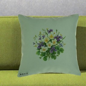 Perna Decorativa Viorele Iris Violet si Trifoi, 40x40 cm, Verde, Husa Detasabila, Perna Inclusa, BEKZ®