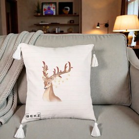 Perna Decorativa Ren cu Luminite de Craciun, 40x40 cm, Bej cu Franjuri, Husa Detasabila, Perna Inclusa, BEKZ®