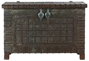Cufar vintage, din lemn de tec, sculptat manual, Trunk
