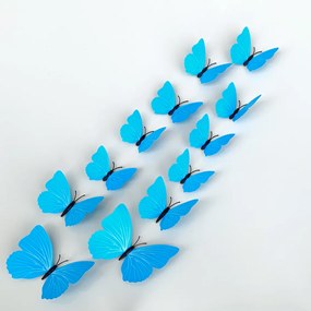 Autocolant de perete "Fluturi 3D din plastic - albastru" 12buc 6-12 cm