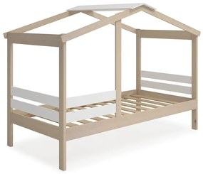 Pat pentru copii alb/natural de tip casă cu aspect de lemn de pin 90x190 cm Angel – Marckeric