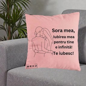 Cadou pentru Sora - Perna Personalizata Sora Mea Te Iubesc Imbratisare din Spate Line Art, 40x40 cm, Roz, Husa Detasabila, Perna Inclusa, BEKZ®