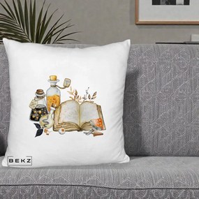 Perna Decorativa Grimoire Vrajitoare si Filtre Magice Halloween, 40x40 cm, Alb Pufos, Husa Detasabila, Perna Inclusa, BEKZ®