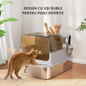 Litieră pentru Pisici PawHut XXL din Oțel Inoxidabil cu Capac Rabatabil la 90° Gri | Aosom Romania
